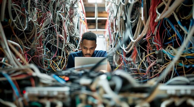 Focused technician works amidst a chaotic tangle of colorful wires and hardware, using a laptop