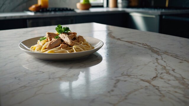 a dish of creamy chicken Alfredo plasta together with text space