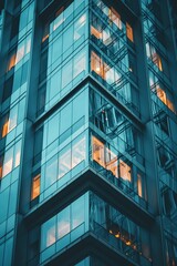 Fototapeta premium A towering building corner shot with large blue glass windows reflecting light, representing modern architecture and urbanism.