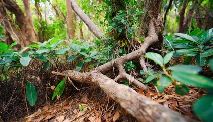 Wild nature background in green forest woods with trunk tree and foliage bush. Environment life on planet earth. Stop deforestation. Love nature. Save planet.