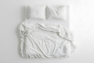 Obraz premium Blank white bed mock up, top view isolated on white background. Empty blanket and pillows mockup in bedstead