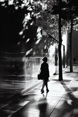Black and white photograph capturing the silhouette of a person walking down a street, with dramatic evening shadows.