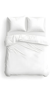Blank white bed mock up, top view isolated on white background. Empty blanket and pillows mockup in bedstead