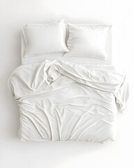 Blank white bed mock up, top view isolated on white background. Empty blanket and pillows mockup in bedstead