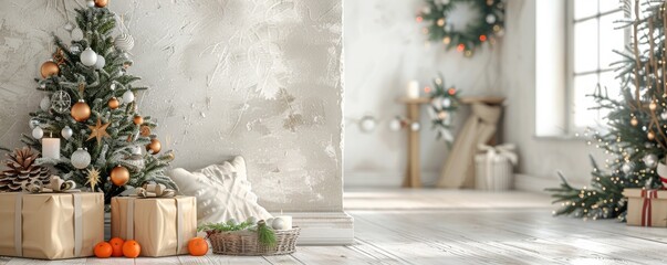 Cozy Christmas interior with decorated tree, gifts, and festive decorations in a bright living room