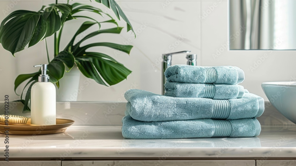 Poster clean towels neatly stacked on bathroom counter text space available
