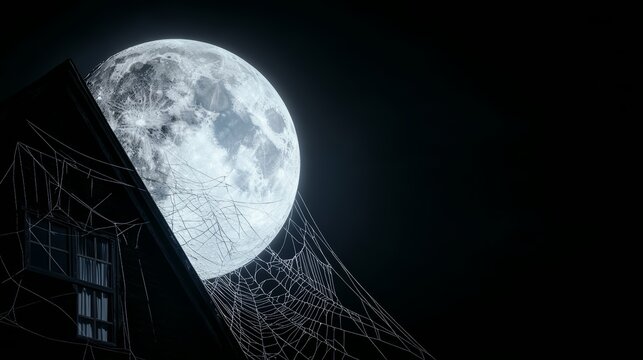 A haunted house with cobwebs, broken windows, and a full moon in the background, high-resolution photo, realistic photo