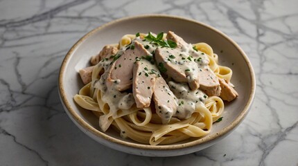 a dish of Creamy pasta with chicken with text space 