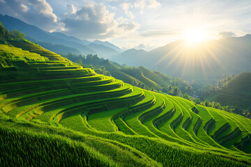 A scenic view of rice fields, showcasing the lush green terraces and reflecting the agricultural beauty of the landscape. The image highlights the intricate patterns formed by the terraced fields, emp