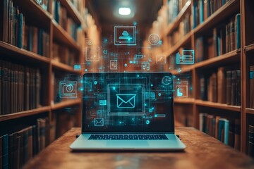 laptop with floating books and educational icons, representing online learning or distance education on the screen, surrounded by stacks of bookshelves. The background is a dark wood, Generative AI