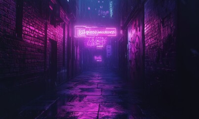 Dark street in cyberpunk city, gloomy alley with neon lighting, Generative AI