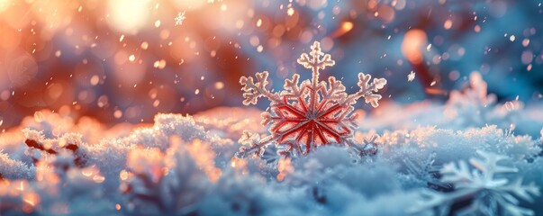 Beautiful close-up of a red snowflake on a snow-covered landscape with bokeh lights