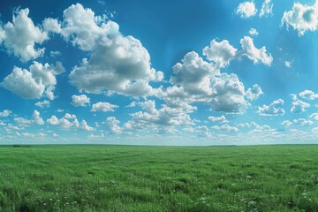 Obraz premium Sweeping Panorama of a Beautiful Blue Sky with Fluffy Clouds Over a Lush Green Field Landscape