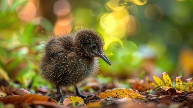 A tiny, fluffy, brown bird with delicate feathers foraging on a leafy forest floor in a natural setting, bathed in warm, soft light with a colorful bokeh background - Powered by Adobe