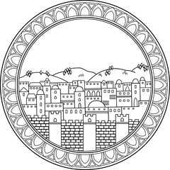 Middle east city coloring page. Flat round illustration