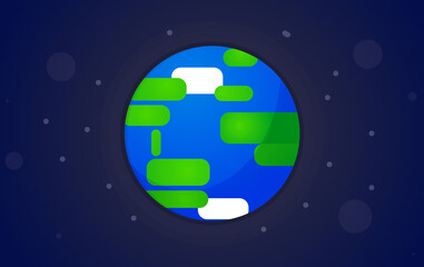 planet earth creative abstract simplified globe, green land on blue marble, sphere round circle as icon symbol in space with stars and planets