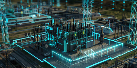 Fototapeta premium Digital Industrial Plant: Advanced Manufacturing Technology, High-Tech Industrial Facility with Digital Integration