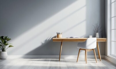 Desk at home office with supplies and wall copy space. Minimalistic workspace, Generative AI