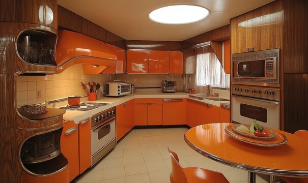 Vintage kitchen from the 1970 era with retro appliances and round features, Generative AI