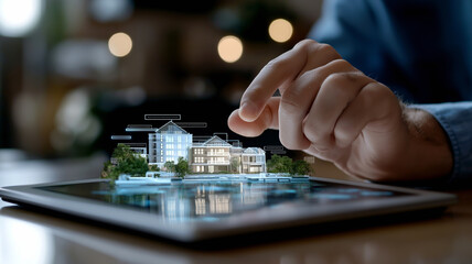 A close-up of a tablet displaying augmented reality (AR) real estate listings, with a hand reaching towards a highlighted property, representing the future of real estate investment technology.