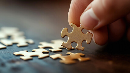 A close-up of a hand placing a golden puzzle piece, representing the final step in achieving financial success.