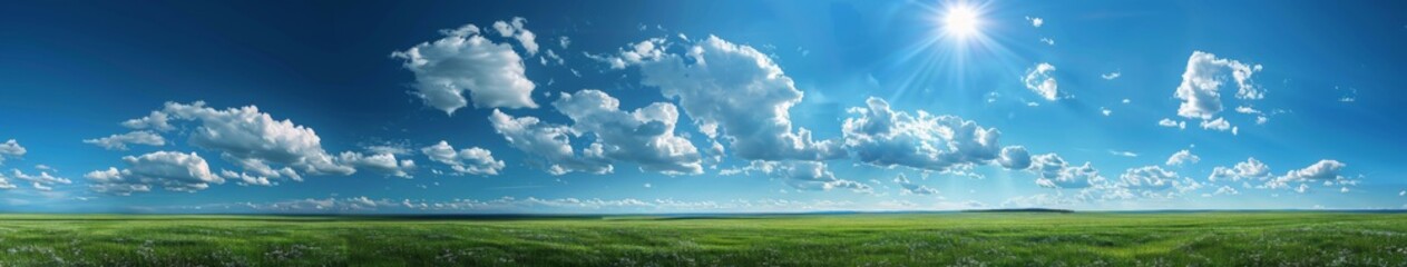 Fototapeta premium Sweeping Panorama of a Beautiful Blue Sky with Fluffy Clouds Over a Lush Green Field Landscape
