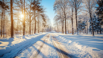 Obraz premium Beautiful winter road in natural sunny park 