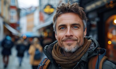 Fototapeta premium A confident Caucasian man is taking a selfie outdoors.