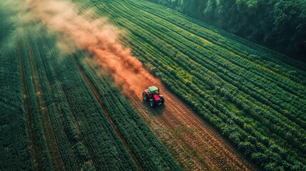 Aerial view of a red tractor plowing through a lush green agricultural field, stirring up a cloud...