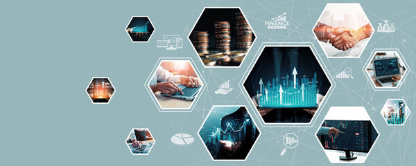 Futuristic business digital financial data technology concept for future big data analytic and business intelligence research for businessman analyst invest decisions making panoramic banner kudos