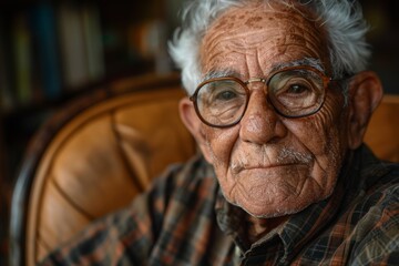 An elderly man with glasses and a checkered shirt sits thoughtfully, capturing the depth of life experiences and wisdom accumulated over the years