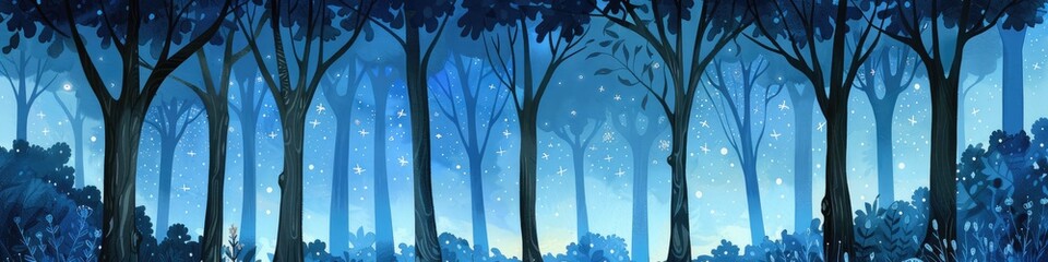 Enchanted forest illustration for children s book with a multitude of trees under a starlit sky