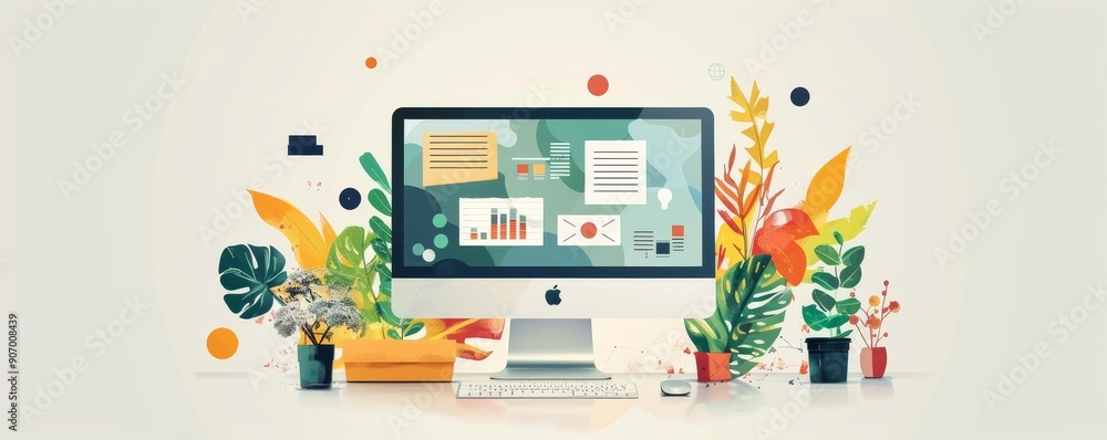 Poster modern workspace with desktop computer surrounded by vibrant plants and creative elements