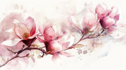 Watercolor magnolias with feathering, smooth and flowing edges, elegant and delicate, clean background