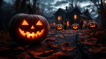 Fototapeta premium A spooky Halloween street scene with trick-or-treaters, glowing pumpkins, and decorated houses, high-resolution photo, realistic photo