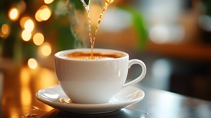 Obraz premium Fresh coffee flowing into a white cup, cozy cafe with a calm, relaxed setting