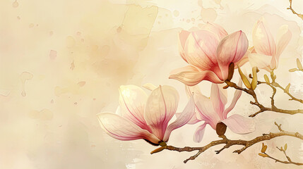 Watercolor magnolias with gradients and fading, smooth color transitions, soft and dreamy, light beige background