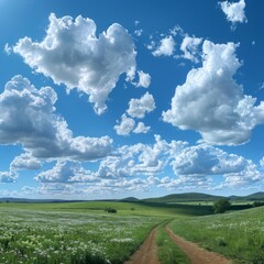 Obraz premium Sweeping Panorama of a Beautiful Blue Sky with Fluffy Clouds Over a Lush Green Field Landscape