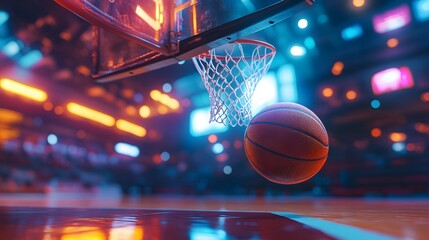 Capture the moment a basketball scores a basket, going through the hoop and making a swish in the net. The background shows a vibrant gym setting.