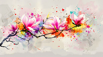 Watercolor magnolias with splattering, dynamic and playful, bright colors splashing, light gray background