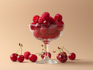 A clear glass vase holds red raspberries and cherries, with green leaves garnish.