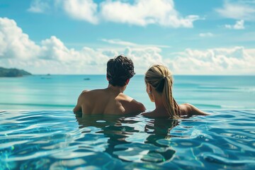 Back view of young couple relaxing in infinity pool