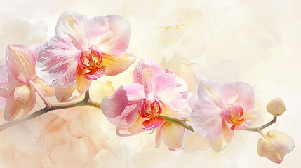Watercolor orchids in wet-on-dry style, delicate and detailed, bright pastel shades, light beige background