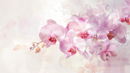 Watercolor orchids using lifting, gentle and soft, pastel colors creating delicate effects, light background