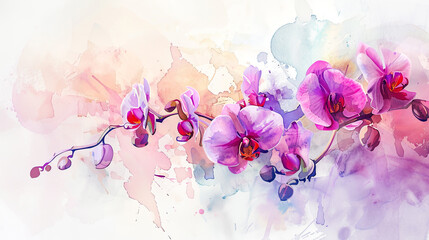 Watercolor orchids with color mixing on paper, vibrant and dynamic blending of colors, light background