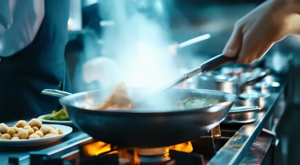 Chefs cooking in a professional kitchen, focusing on a chef stirring food in a wok with steam and flames visible.