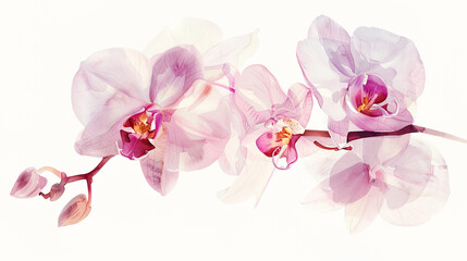 Watercolor orchids with feathering, smooth and flowing edges, elegant and delicate, clean background