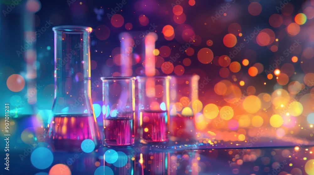 Poster laboratory flasks and test tubes with colorful bokeh background