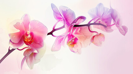 Watercolor orchids with gradient washes, smooth transitions and delicate colors, light background