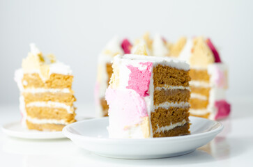 A slice of cake with a pink,yellow and white frosting on top